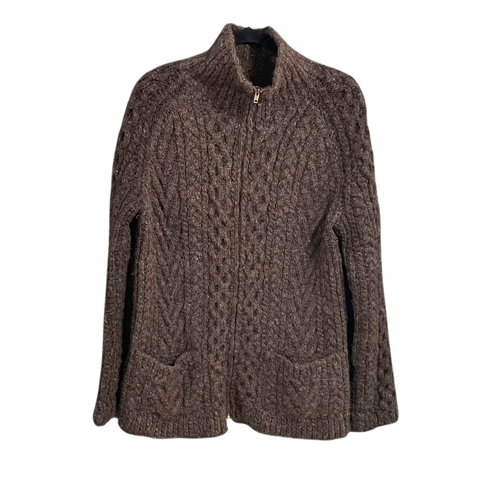 INIS CRAFTS Ireland Aran Merino Wool Zip Front Cardigan Sweater Pockets Brown S